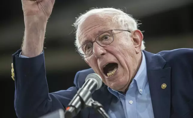 Sen. Bernie Sanders, I-Vt., speaks during his "Fighting Oligarchy" event at the Ford Idaho Center in Nampa, Idaho, Monday, April 14, 2025. (AP Photo/Kyle Green)
