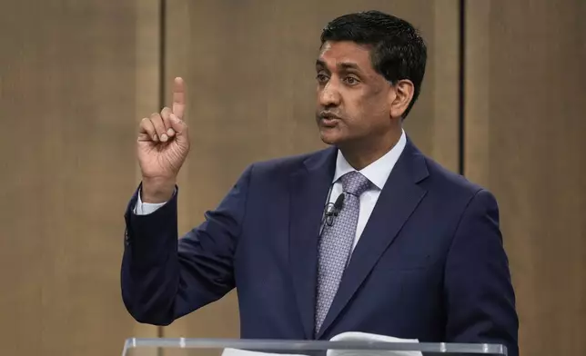U.S. Rep. Ro Khanna (D-CA) speaks to the City Club of Cleveland, in Cleveland, Monday, April 14, 2025. (AP Photo/Sue Ogrocki)
