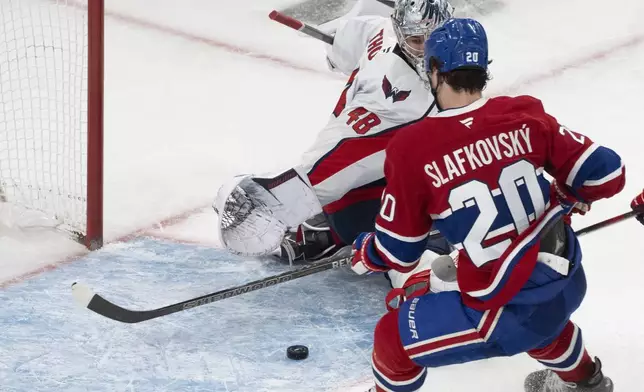 Montreal Canadiens' Juraj Slafkovsky (20) scores against Washington Capitals goaltender Logan Thompson (48) during the third period of Game 3 of a first-round NHL hockey playoff series in Montreal, Friday, April 25, 2025. (Christinne Muschi/The Canadian Press via AP)