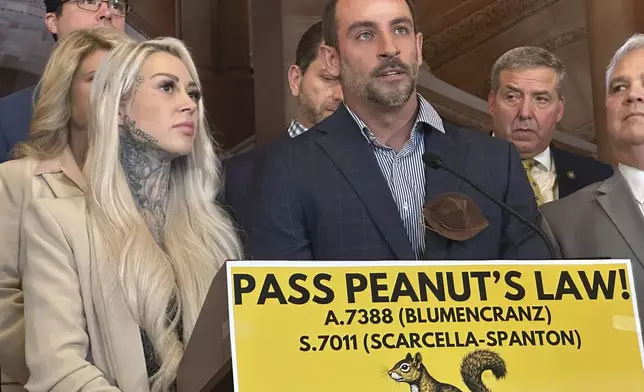 Mark Longo, center, and his wife Daniela Bittner, left, speak during a news conference at the state capitol building, Tuesday, April 8, 2025, in Albany, N.Y. (AP Photo/Michael Hill)
