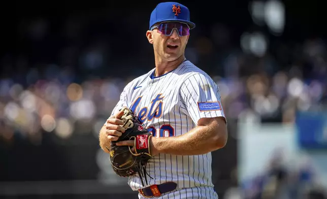 New York Mets first baseman Pete Alonso (20) stands on the field during a baseball game against the St. Louis Cardinals, Sunday, April 20, 2025, in New York. (AP Photo/Angelina Katsanis)