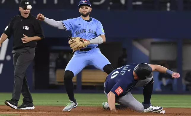Toronto Blue Jays shortstop Bo Bichette (11) throws to first base after forcing out Seattle Mariners' Luke Raley (20) in the third inning of a baseball game in Toronto on Sunday, April 20, 2025. (Jon Blacker/The Canadian Press via AP)