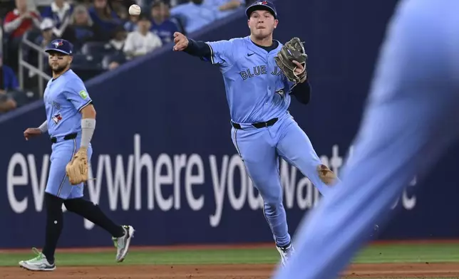 Toronto Blue Jays third baseman Will Wagner (7) throws to first base to put out Seattle Mariners' Ben Williamson in the fifth inning of a baseball game in Toronto on Sunday, April 20, 2025. (Jon Blacker/The Canadian Press via AP)