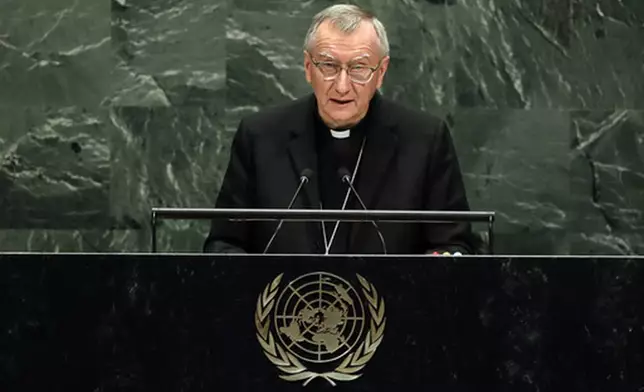 FILE - Cardinal Pietro Parolin, Secretary of State of the Holy See, addresses the 74th session of the United Nations General Assembly, Saturday, Sept. 28, 2019. Parolin has been Francis’ secretary of state since 2014. (AP Photo/Richard Drew, File)