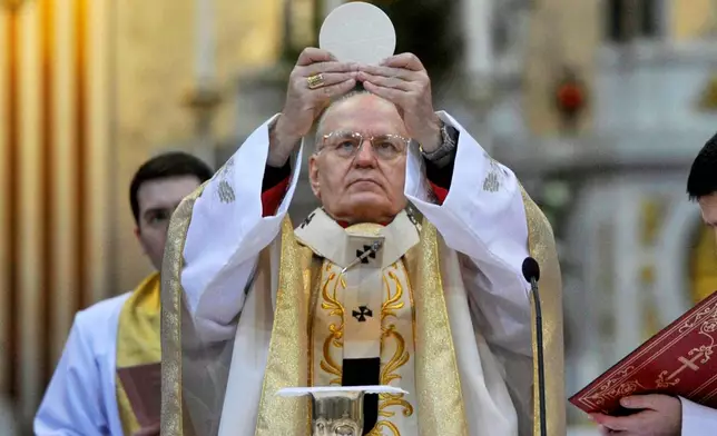FILE - Cardinal Peter Erdo celebrates the Christmas Day Mass in Esztergom Basilica in the City of Esztergom, 51 kms northwest of Budapest, Hungary, on Dec. 25, 2016. (Attila Kovacs/MTI via AP)