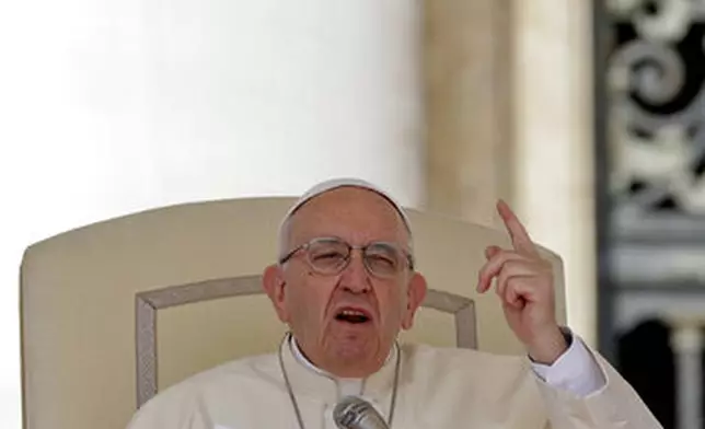 FILE - Pope Francis delivers his speech during his weekly general audience, in St.Peter's Square at the Vatican, Wednesday, April 25, 2018. (AP Photo/Andrew Medichini, File)