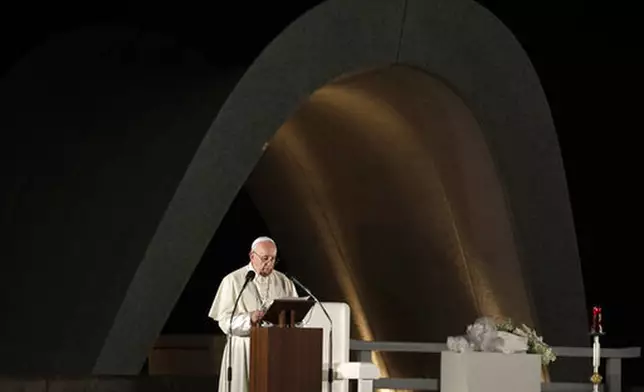 FILE - In this Nov. 24, 2019 file photo, Pope Francis delivers a speech in front of the Memorial Cenotaph at Hiroshima Peace Memorial Park in Hiroshima, western Japan. (AP Photo/Gregorio Borgia, file)