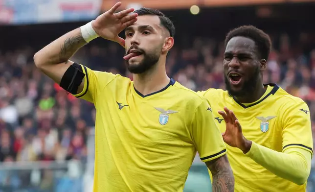 Lazio's Taty Castellanos celebrates scoring during the Serie A soccer match between Genoa and Lazio at the Luigi Ferraris Stadium in Genoa, Italy. Wednesday, April 23, 2025. (Tano Pecoraro/LaPresse via AP)