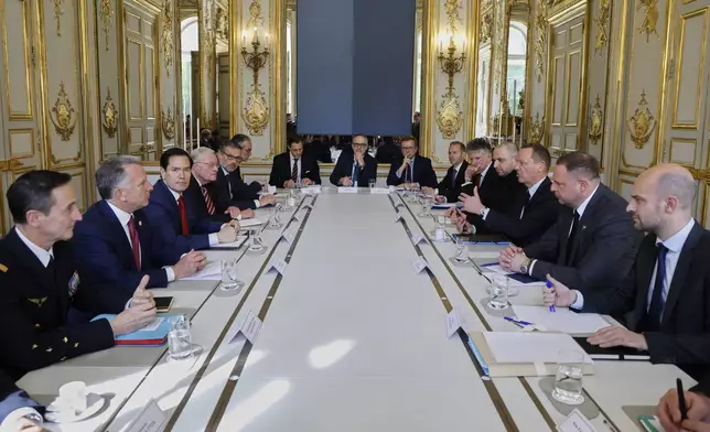US Special Envoy Steve Witkoff, 2nd left, US Secretary of State Marco Rubio, 3rd left, Germany national security advisor Jens Plotner, 5th left, meet with France's Minister for Foreign Affairs Jean-Noel Barrot, right, Ukrainian Head of Presidential Office Andriy Yermak, 2nd right, French President diplomatic advisor Emmanuel Bonne, 3rd right, Ukraine's Defence Minister Rustem Umerov, 4th right, and UK National Security Adviser Jonathan Powell at the Elysee Palace in Paris, Thursday, April 17, 2025. (Ludovic Marin, Pool Photo via AP)