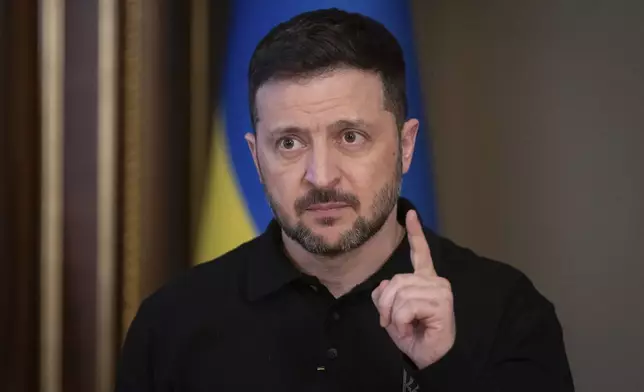 Ukrainian President Volodymyr Zelenskyy speaks during a briefing in Kyiv, Ukraine, Thursday, April 17, 2025. (AP Photo/Efrem Lukatsky)