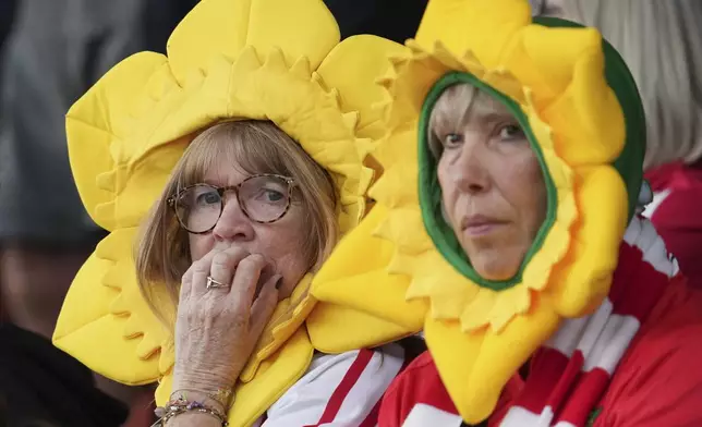 Wrexham fans watch the English League One soccer match between Wrexham and Charlton Athletic at the Racecourse ground in Wrexham, Wales, Saturday, April 26, 2025. (AP Photo/Jon Super)