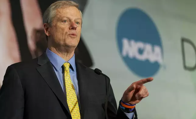 FILE - NCAA President Charlie Baker speaks during the organizations Division I Business Session at their annual convention Wednesday, Jan. 15, 2025, in Nashville, Tenn. (AP Photo/George Walker IV,File)