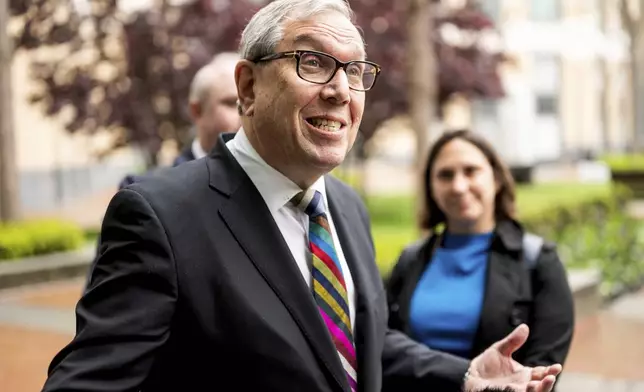 Attorney Jeffrey Kessler arrives at federal court on Monday, April 7, 2025, in Oakland, Calif. (AP Photo/Noah Berger)