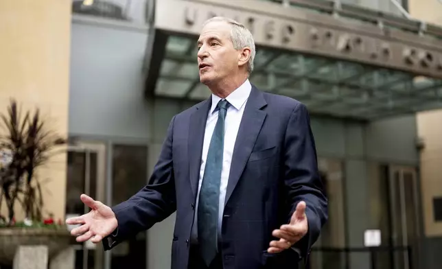 Attorney Steve Berman arrives at federal court on Monday, April 7, 2025, in Oakland, Calif. (AP Photo/Noah Berger)