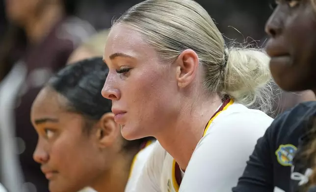 South Carolina forward Chloe Kitts (21) reacts as she sits on the bench during the second half of the national championship game against UConn at the Final Four of the women's NCAA college basketball tournament, Sunday, April 6, 2025, in Tampa, Fla. (AP Photo/Chris O'Meara)