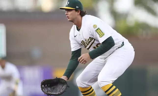 Athletics first baseman Nick Kurtz waits for the pitch against the Texas Rangers during the first inning of a baseball game, Wednesday, April 23, 2025, in West Sacramento, Calif. (AP Photo/Scott Marshall)