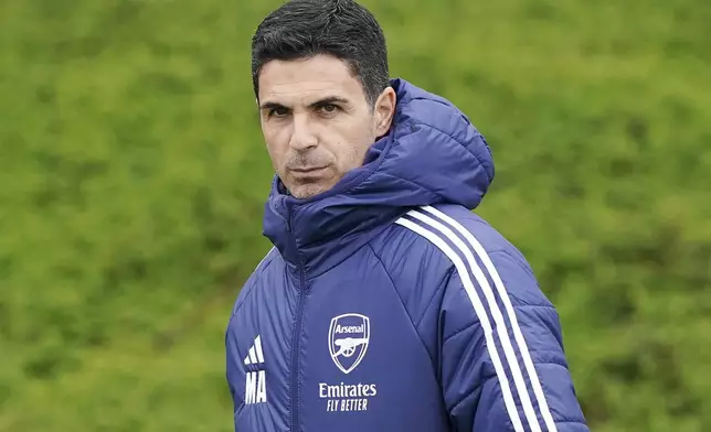 Arsenal manager Mikel Arteta during a training session in London, England, Tuesday, April 15, 2025, ahead of the Champions League soccer match between Real Madrid and Arsenal London. (Jonathan Brady/PA via AP)