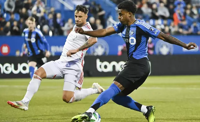 Orlando City's David Brekalo (4) moves in on CF Montreal forward Dante Sealy (25) during first half MLS soccer action in Montreal, Saturday, April 19, 2025. (Graham Hughes/The Canadian Press via AP)