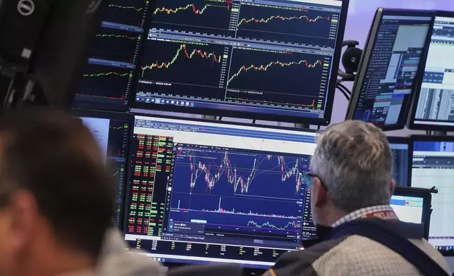 A trader works on the floor of the New York Stock Exchange, Friday, April 25, 2025. (AP Photo/Richard Drew)