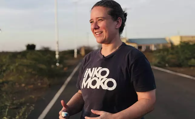 Julienne Oyler, who runs Inkomoko, a charity providing financial training, talks during an interview with the Associated Press Kakuma refugee camp in Turkana county, Kenya, Saturday, Feb. 15, 2025. (AP Photo/Jackson Njehia)