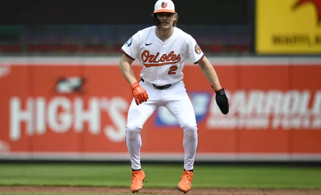 Baltimore Orioles' Gunnar Henderson takes a lead from first base during the first inning of a baseball game against the Cincinnati Reds, Sunday, April 20, 2025, in Baltimore. (AP Photo/Nick Wass)