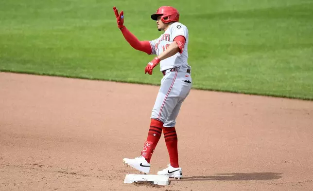Cincinnati Reds' Noelvi Marte reacts at second base after he doubled during the fourth inning of a baseball game against the Baltimore Orioles, Sunday, April 20, 2025, in Baltimore. (AP Photo/Nick Wass)