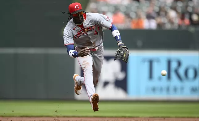 Cincinnati Reds shortstop Elly De La Cruz runs to field a ball hit by Baltimore Orioles' Cedric Mullins for a single, after a review, during the first inning of a baseball game, Sunday, April 20, 2025, in Baltimore. (AP Photo/Nick Wass)