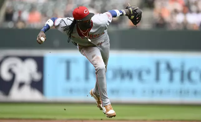 Cincinnati Reds shortstop Elly De La Cruz throws to first on a ball hit by Baltimore Orioles' Cedric Mullins for a single, after a review, during the first inning of a baseball game, Sunday, April 20, 2025, in Baltimore. (AP Photo/Nick Wass)