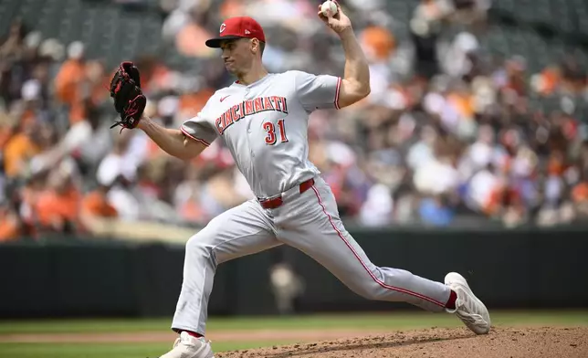 Cincinnati Reds starting pitcher Brent Suter throws during the second inning of a baseball game against the Baltimore Orioles, Sunday, April 20, 2025, in Baltimore. (AP Photo/Nick Wass)