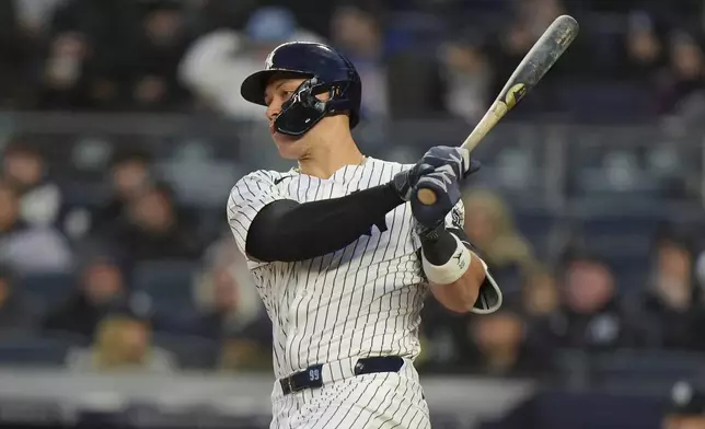 New York Yankees' Aaron Judge hits a single during the first inning of a baseball game against the Kansas City Royals Wednesday, April 16, 2025, in New York. (AP Photo/Frank Franklin II)