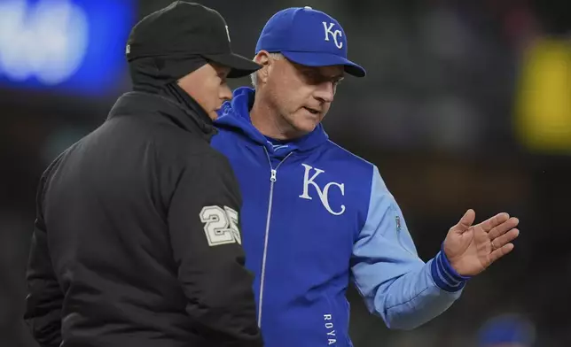 Kansas City Royals manager Matt Quatraro argues a call with first base umpire Junior Valentine during the fourth inning of a baseball game against the New York Yankees Wednesday, April 16, 2025, in New York. (AP Photo/Frank Franklin II)