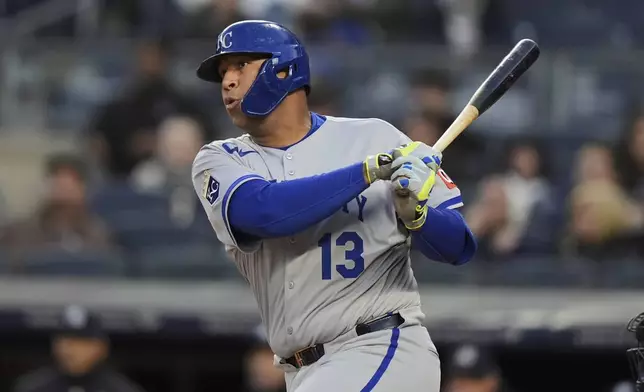 Kansas City Royals' Salvador Perez hits an RBI single during the first inning of a baseball game against the New York Yankees Wednesday, April 16, 2025, in New York. (AP Photo/Frank Franklin II)