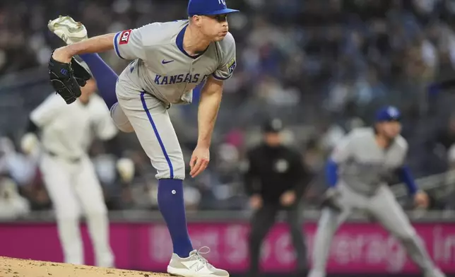 Kansas City Royals' Kris Bubic pitches during the first inning of a baseball game against the New York Yankees Wednesday, April 16, 2025, in New York. (AP Photo/Frank Franklin II)