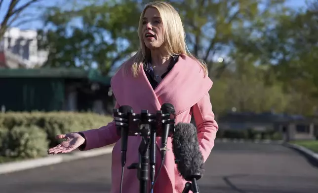 Attorney General Pam Bondi speaks with reporters at the White House, Tuesday, April 8, 2025, in Washington. (AP Photo/Evan Vucci)