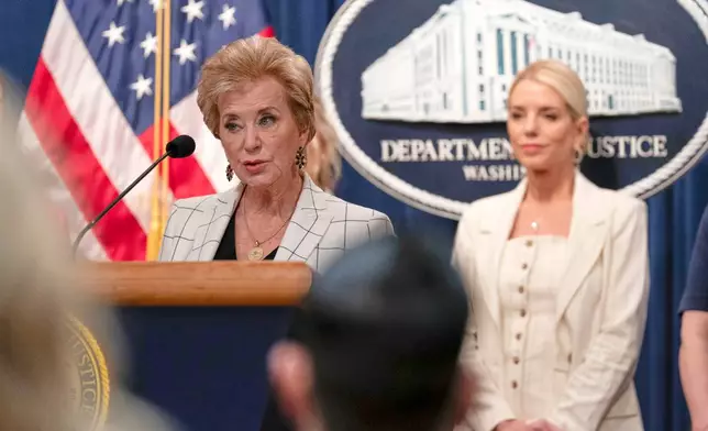 Education Secretary Linda McMahon accompanied by Attorney General Pam Bondi, right, speaks during a news conference at the Department of Justice headquarters in Washington, Wednesday, April 16, 2025. (AP Photo/Jose Luis Magana)