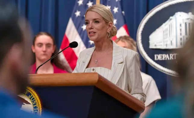Attorney General Pam Bondi speaks during a news conference at the Department of Justice headquarters in Washington, Wednesday, April 16, 2025. (AP Photo/Jose Luis Magana)