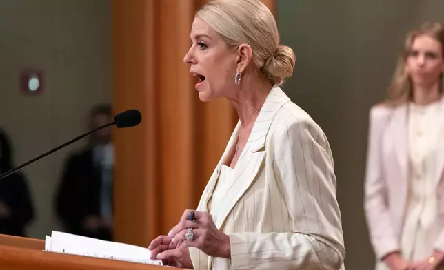 Attorney General Pam Bondi speaks during a news conference at the Department of Justice headquarters in Washington, Wednesday, April 16, 2025. (AP Photo/Jose Luis Magana)