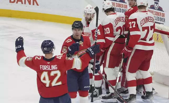 Florida Panthers center Evan Rodrigues (17) celebrates his goal during the second period of an NHL hockey game against the Detroit Red Wings, Thursday, April 10, 2025, in Sunrise, Fla. (AP Photo/Marta Lavandier)