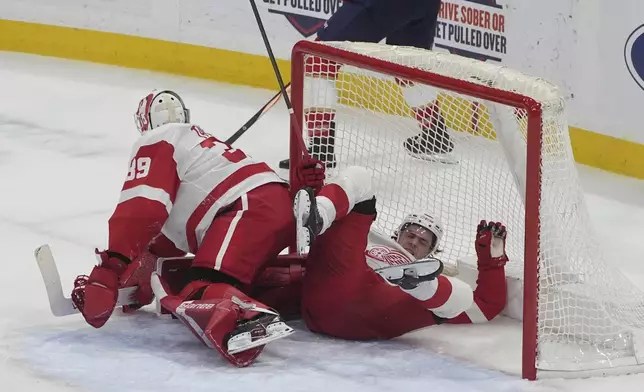 Detroit Red Wings defenseman Albert Johansson (20) falls over goaltender Cam Talbot (39) and into the net during the second period of an NHL hockey game against the Florida Panthers, Thursday, April 10, 2025, in Sunrise, Fla. (AP Photo/Marta Lavandier)