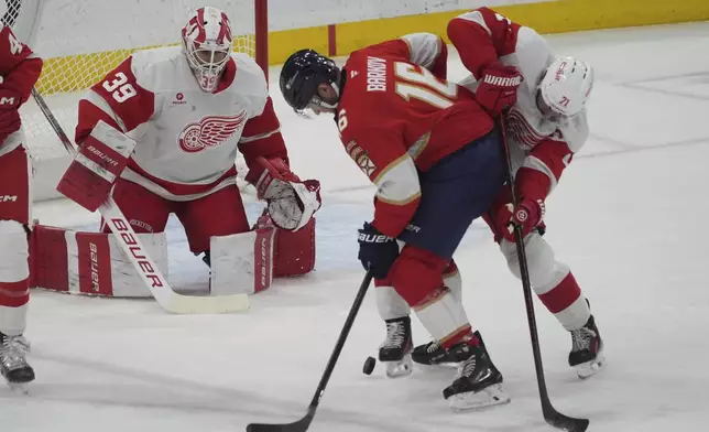 Detroit Red Wings center Dylan Larkin (71) kicks the puck away from Florida Panthers center Aleksander Barkov (16) during the first period of an NHL hockey game, Thursday, April 10, 2025, in Sunrise, Fla. (AP Photo/Marta Lavandier)