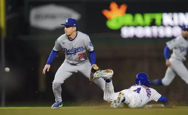Chicago Cubs' Pete Crow-Armstrong (4), right, steals second base by Los Angeles Dodgers second baseman Tommy Edman (25) during the fifth inning of a baseball game against the Los Angeles Dodgers, Wednesday, April 23, 2025, in Chicago. (AP Photo/Erin Hooley)