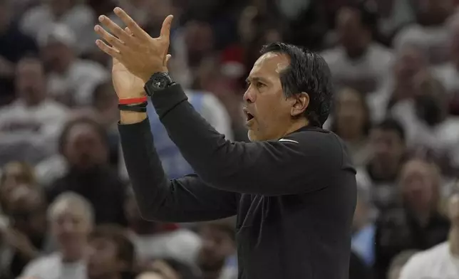 Miami Heat head coach Erik Spoelstra gestures in the second half in Game 1 of an NBA first-round playoff series against the Cleveland Cavaliers, Sunday, April 20, 2025, in Cleveland. (AP Photo/Sue Ogrocki)