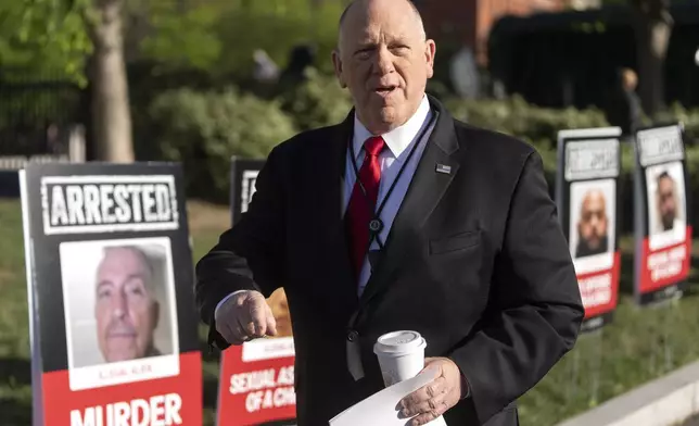 White House border czar Tom Homan walks off following a television interview at the White House, Monday, April 28, 2025, in Washington. (AP Photo/Mark Schiefelbein)