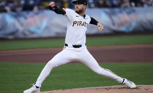 Pittsburgh Pirates pitcher Bailey Falter delivers during the first inning of a baseball game against the Washington Nationals in Pittsburgh, Wednesday, April 16, 2025. (AP Photo/Gene J. Puskar)