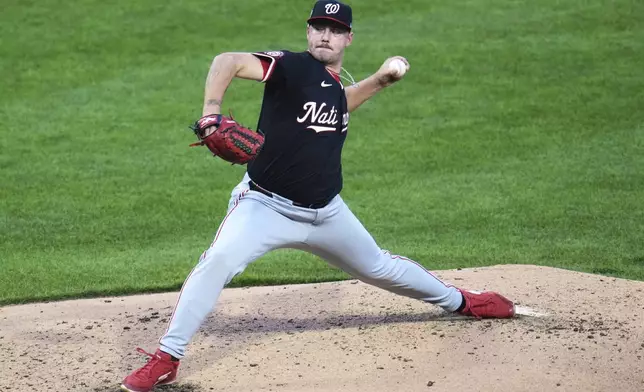 Washington Nationals pitcher Mitchell Parker delivers during the fifth inning of a baseball game against the Pittsburgh Pirates in Pittsburgh, Wednesday, April 16, 2025. (AP Photo/Gene J. Puskar)