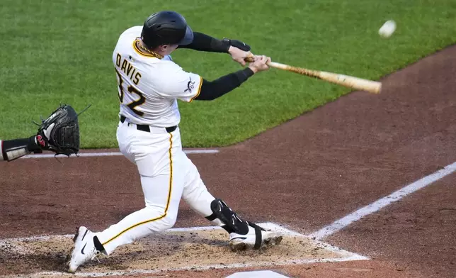 Pittsburgh Pirates' Henry Davis hits a solo home run off Washington Nationals pitcher Mitchell Parker during the fifth inning of a baseball game in Pittsburgh, Wednesday, April 16, 2025. (AP Photo/Gene J. Puskar)