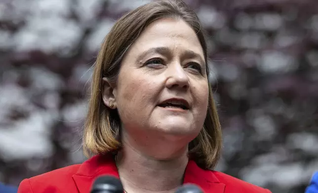FILE - Iowa Attorney General Brenna Bird speaks at a press conference, May 13, 2024, in New York. (AP Photo/Stefan Jeremiah, File)