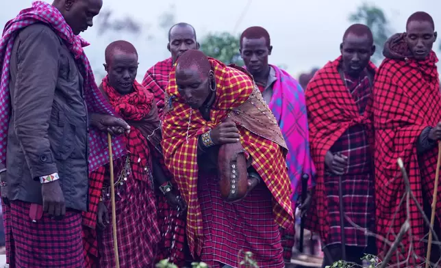 Men of the Maasai tribe perform a ritual, during the Enkipaata ceremony, a Maasai male rite of passage, specifically the initiation of boys, marking the transition from childhood to becoming a moran (warrior) in Olaimutiai, Narok County, Kenya Wednesday, April 23, 2024. (AP Photo/Brian Inganga)