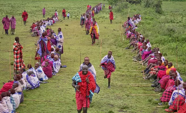 Children of the Maasai tribe gather on an open field, during the Enkipaata ceremony, a Maasai male rite of passage, specifically the initiation of boys, marking the transition from childhood to becoming a moran (warrior) in Olaimutiai, Narok County, Kenya Thursday, April 24, 2024. (AP Photo/Brian Inganga)