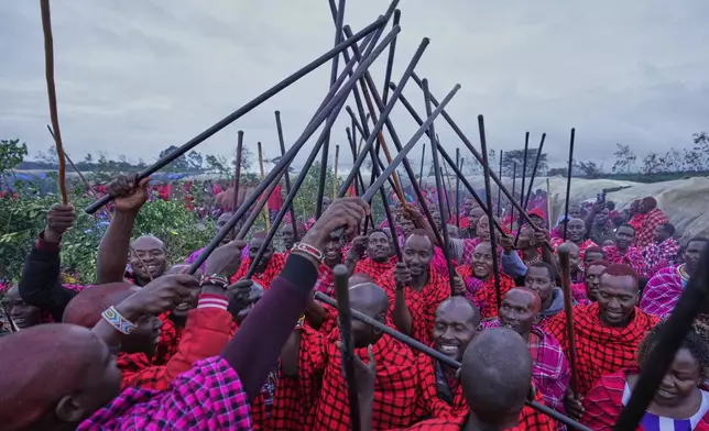 Men of the Maasai tribe perform traditional dance, during a Maasai male rite of passage, specifically the initiation of boys, marking the transition from childhood to becoming a moran (warrior) in Olaimutiai, Narok County, Kenya Wednesday, April 23, 2024. (AP Photo/Brian Inganga)